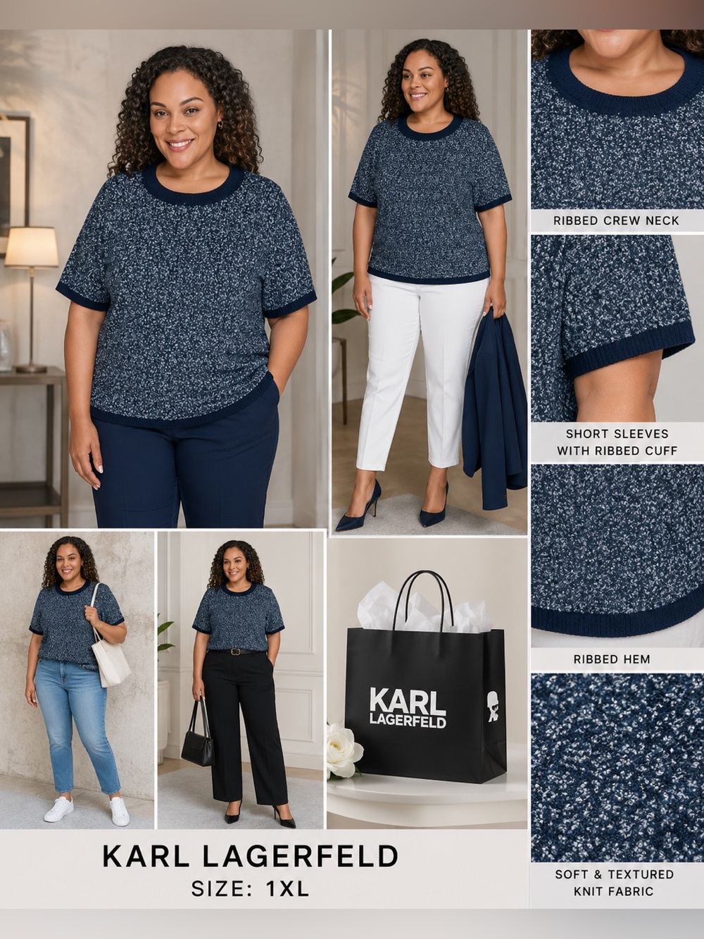 Karl Lagerfeld Navy Textured Short-Sleeve Crewneck Sweater